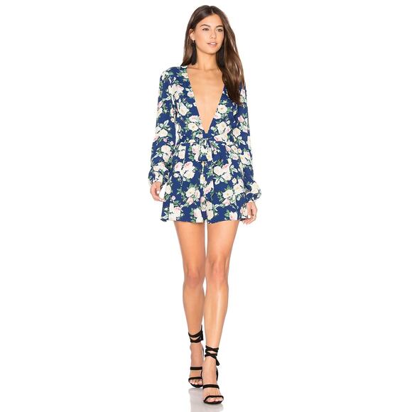 Privacy Please Pants - NWT Privacy Please Concord Romper Navy Blue Floral Size Small Deep V-neck Sexy